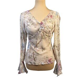 Vintage Y2K The Limited Silk Floral Ruched Tie Front Bell Sleeve Fairycore Top S